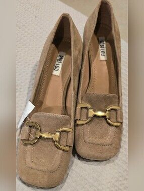 Bibilou Tan Suede Loafers with Gold Buckle, Women's Sz 8.5
